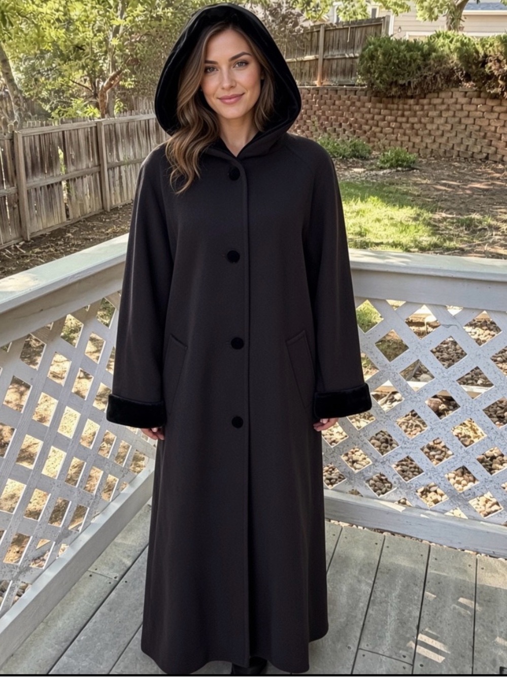 Forecaster of Boston Vintage 90’s Maxi Trench Coat 6 USA Wool Velvet Hood Black - Picture 1 of 15